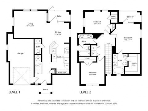 Floor plan for 3 beds, 2 baths, 1332 sqft